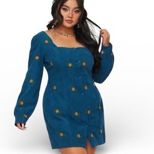 Cider Curve Teal Floral Corduroy Mini Dress with Yellow Floral Accents - NWT